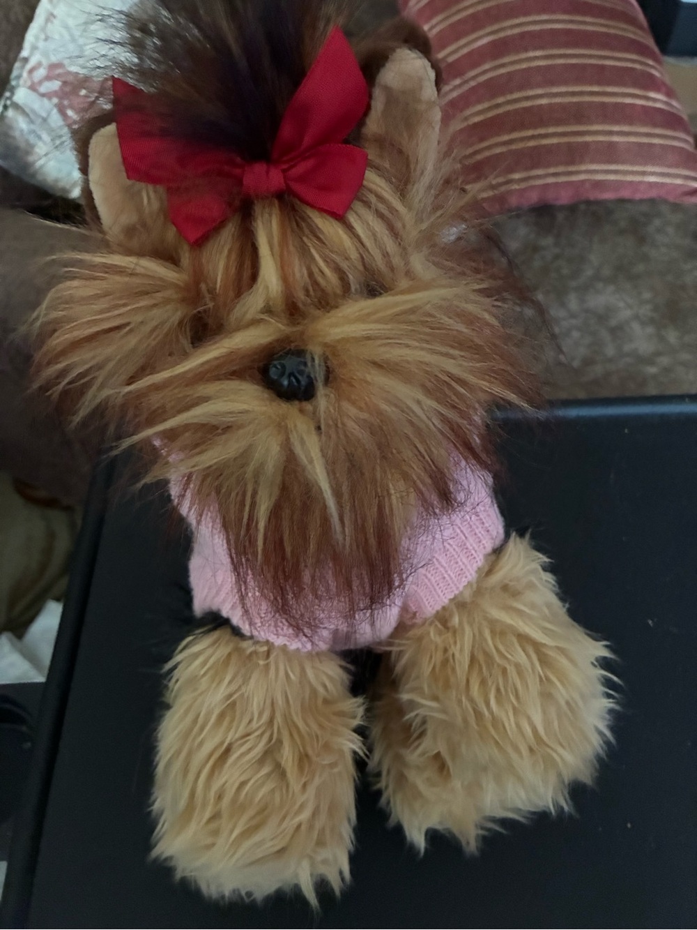 Plush Yorkie Dog Toy in Pink Sweater with Red Bow